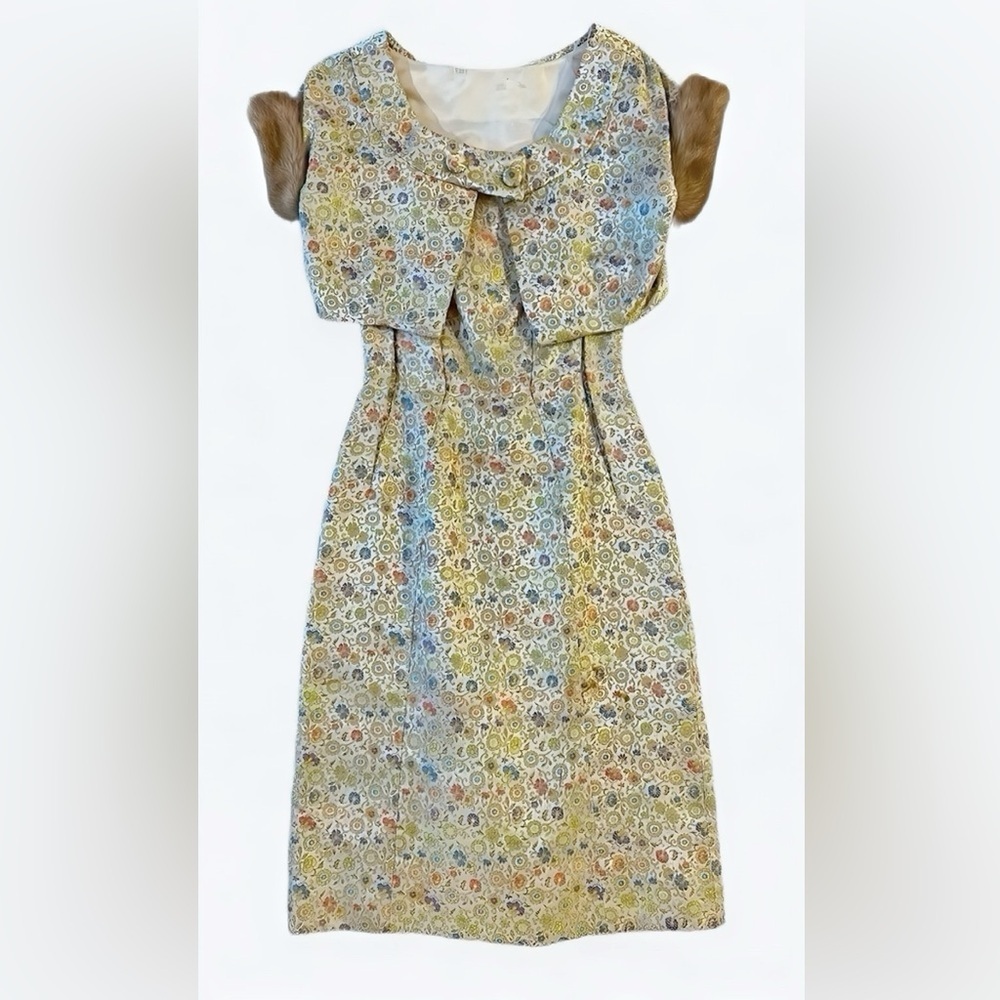 Vintage Suzy Perette Gold Brocade Cocktail Dress Fur Bolero XS